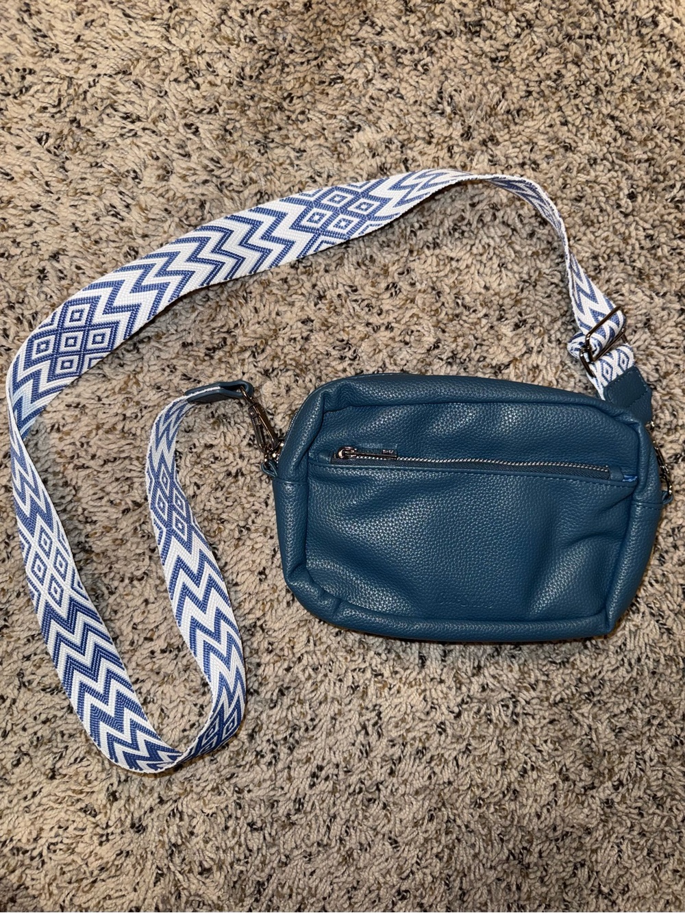 Blue Pebbled Small Rectangle Crossbody Bag Geometric Strap Zip Silver Hardware